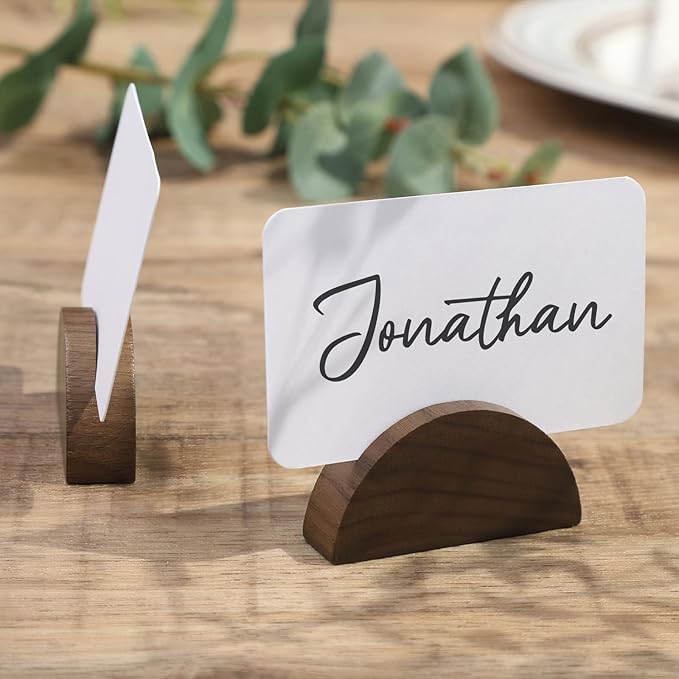 UNIQOOO 10 Set 2" Arch Walnut Wood Stand with Cards |1.2mm Slot, for Name Cards, Place Card Holder, Photo Display Stand | for Event Decor, Retail Shop, Cafe Restaurant Menu, Business Card, Name Tag