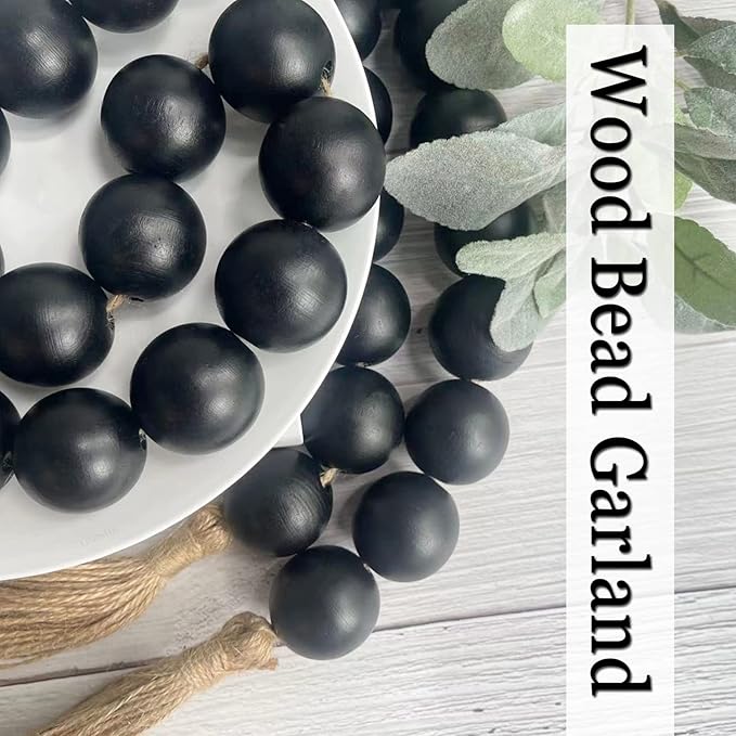 OMISHE 60" Long Extra Large Wood Bead Garland with 1.6" Diameter Wooden Beads and Tassels, Rustic Farmhouse Country Decorative Beads for Home Decor Tiered Tray Decor, Black