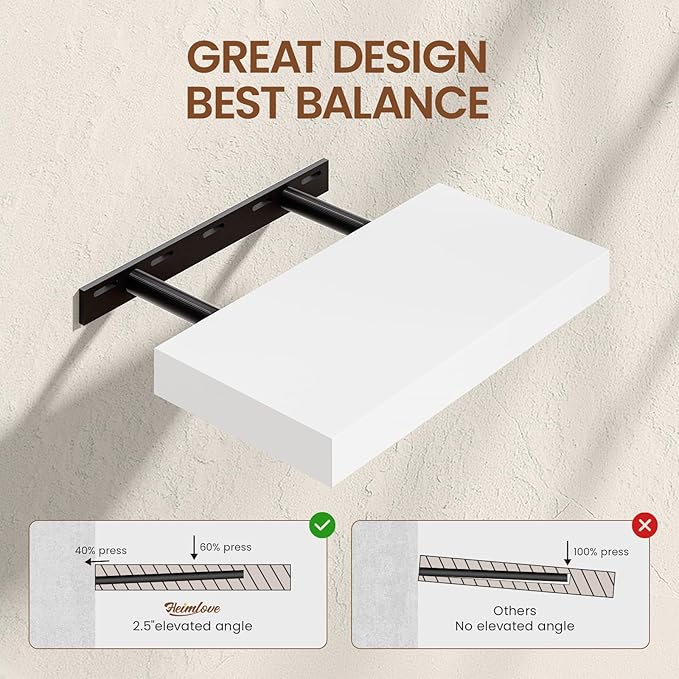 Heimlove White Floating Shelves for Wall,2 Packs 16 inches Natural Pine Solid Wood Bathroom Shelf Over Toilet Decor and Storage 8 inches Deep for Kitchen Bedroom Office & Living Room Wall Decor