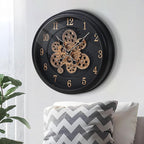 Maxstar Large Moving Gear Wall Clock,16" Vintage Mechanical Battery Operated Industrial Wall Clocks for Farmhouse Living Room,Home Office, Dinning Room, Kitchen, Steampunk Decor-Black,Arab Numeral