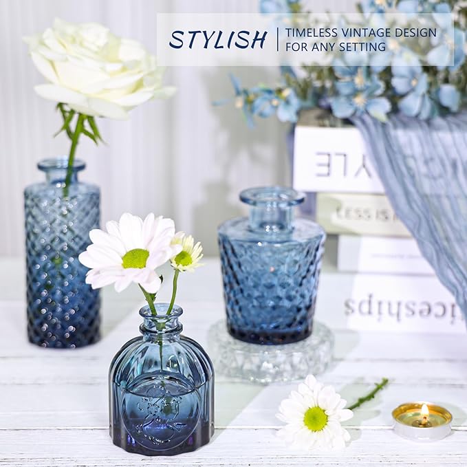 Glass Bud Vase Set of 12, Small Blue Flower Vases for Centerpieces in Bulk, Mini Vintage Vase for Wedding, Home,Table Decoration