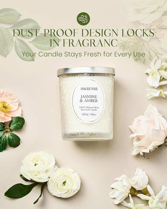 M&SENSE Jasmine Amber Candle, Cracking Wooden Wick Soy Wax, 18oz 100 Hours Long Lasting Clean Burn, Large Jar Candles for Home Scented, Non-Toxic Relaxing Aromatherapy Gifts for Women