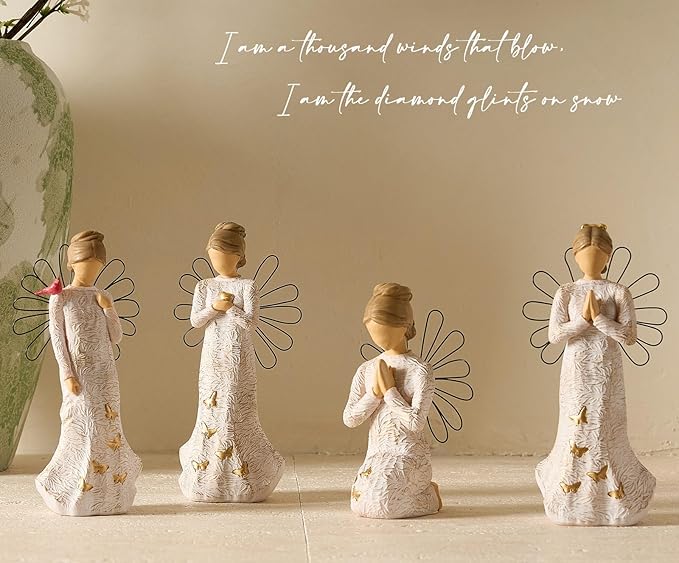 4 Piece Set Sympathy Angel Figurines for Loss of Loved Ones Angel Statues Home Decor Serenity Prayer Grieving Remembrance Bereavement Gifts for Women Resin Sculpted Hand-Painted Figure Prayer Hands