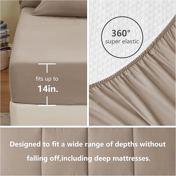 CozyLux King Size Comforter Set Khaki, 7 Pieces Bed in a Bag, Khaki Comforter King Size, All Season Bedding Sets with Stitch Quilted Comforter, Flat Sheet, Fitted Sheet, Pillowcases