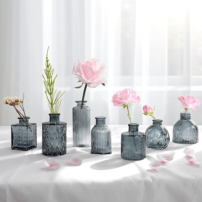 Grey Bud Vases in Bulk 24, Embossed Glass Small Vases for Flowers, Vintage Mini Flower Vase for Centerpieces, Wedding Decoration, Party, Baby Shower, Birthday, Home Decor, Living Room, Office