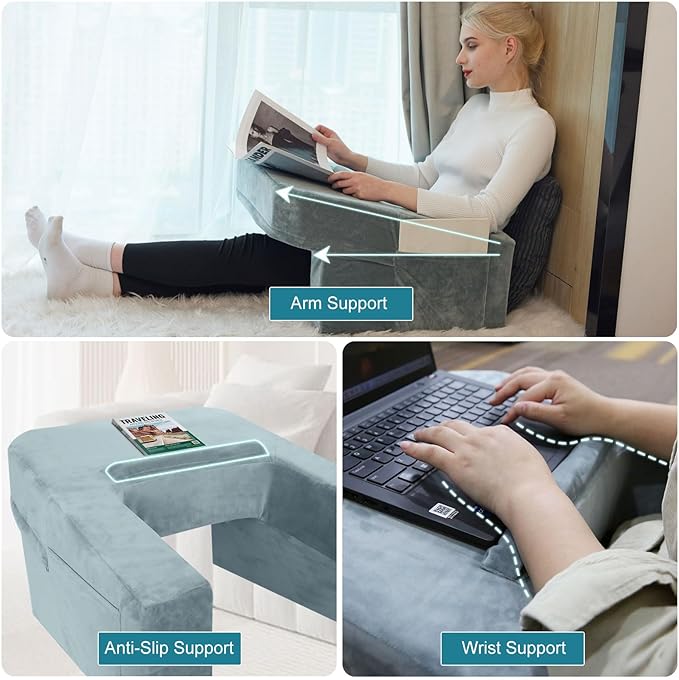 Soft Reading Pillow for Gaming,Arm Rest Lap Desk Pillow,Bed Rest Pillow for Adults Reading,Working,Crocheting,Playing Steam Deck Switch or Sitting in Floor Sofa,Two Side Pockets & Anti-Slip Strip
