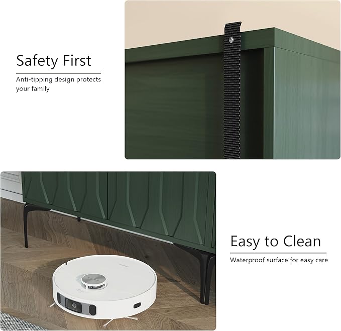 3More 2 Door Accent Cabinet Set of 2,Sideboard Buffet Storage Cabinet with Iron Legs and Adjustable Shelf,3D Lattice Design Suitable for Living Room, Entrance, Dining Room,Green