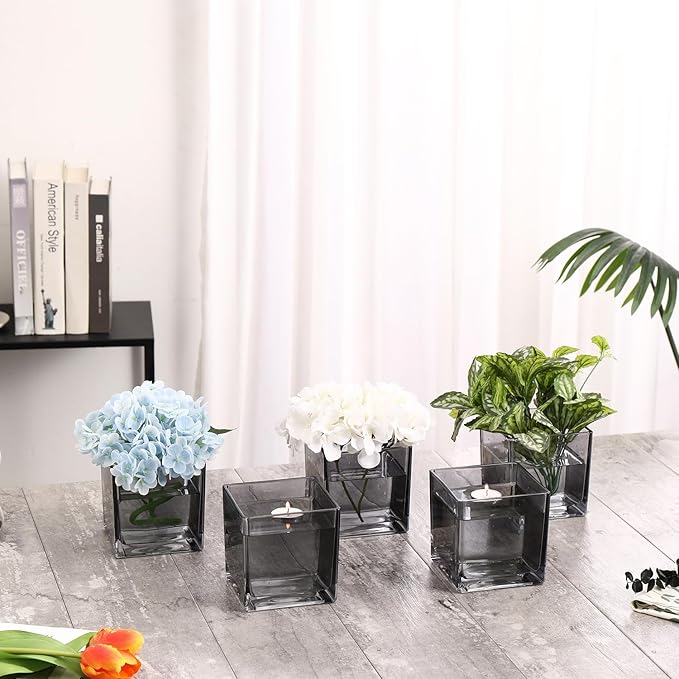 Square Glass Vases Set of 4, 4"x 4"x 4" Flower Vases for Centerpieces, Grey Glass Vase for Flowers, Small Vase for Wedding, Party, Home Office Decoration