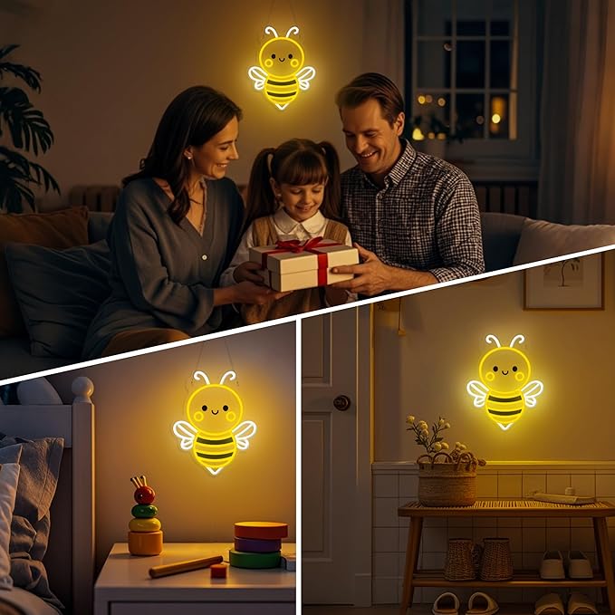Bee Neon Sign Wall Art, Honey Bee Decor for Bedroom Living Room Office Patio Garden Stores, USB-Powered Energy-Saving Light with Hanging Kit, Gifts for Kids,Women,Beekeeper