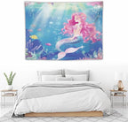 HZOHNAGO Mermaid Girls Tapestry Watercolor Mermaid Princess Pink Hair Pattern for Kids Room Decoration Printed Wall Tapestry Wall Hanging for Bedroom Living Room Dorm 40" W x 30" H