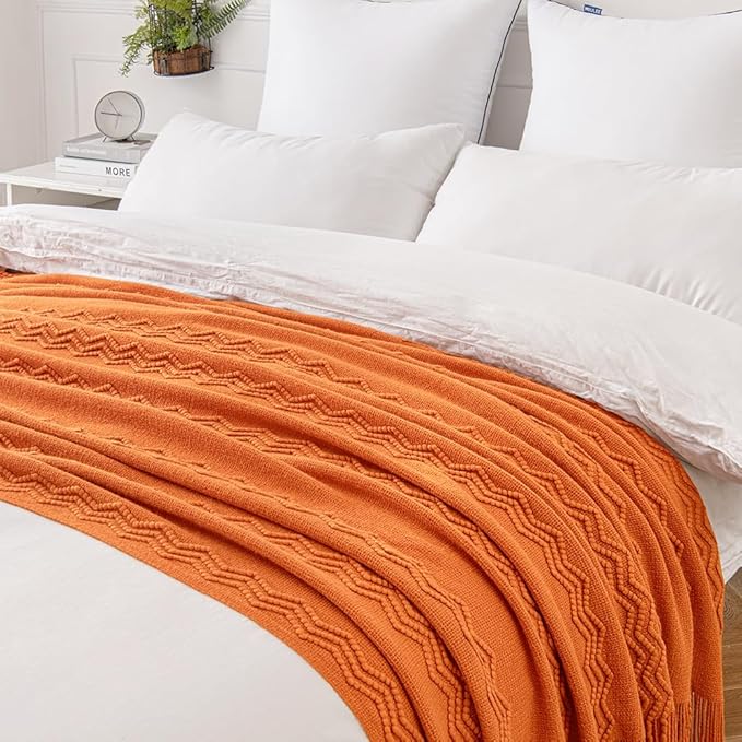 MIULEE Burnt Orange Knitted Throw Blanket for Couch Boho Textured Cozy Woven Blanket with Tassels for Sofa Chair Bed Living Room Fall Home Decor Farmhouse Acrylic Wave Pattern 50"x60"