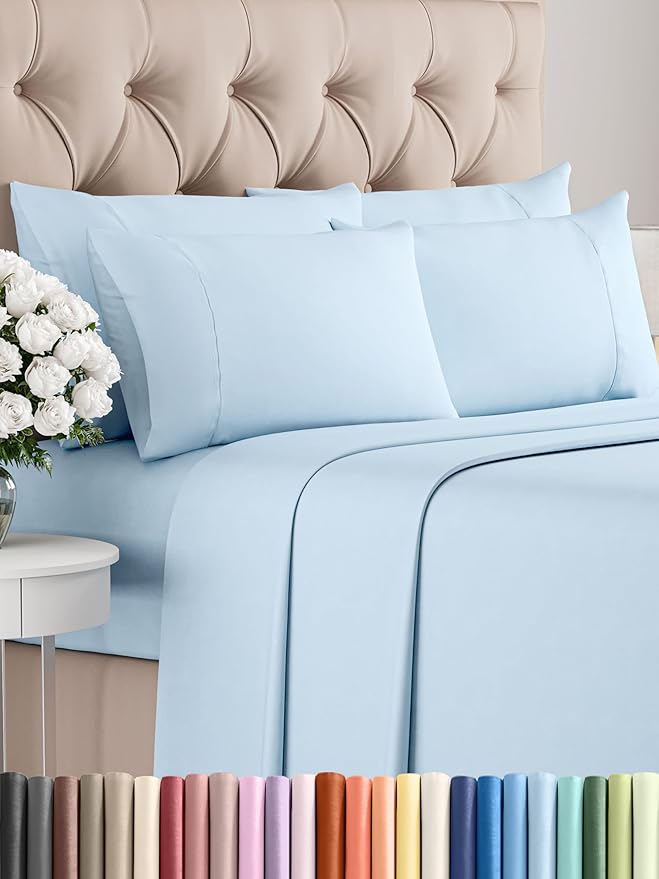 Queen Sheets Set 6 Piece - Includes 4 Pillowcases - Bed Sheets Queen Size - Soft Hotel Luxury Bedding - Cooling, Comfy, Cozy & Breathable - 1 Flat, 1 Fitted & 4 Pillowcases w/ Deep Pockets - Baby Blue