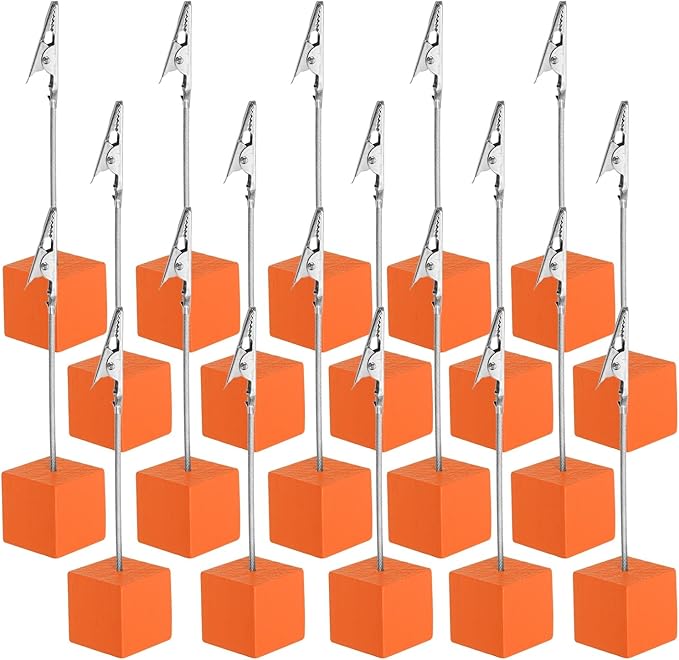 PATIKIL Place Card Holder, 20Pcs Memo Clip Holder Stand with Alligator Clasp Table Number Holders Wooden Base for Pictures Note Card Paper, Orange