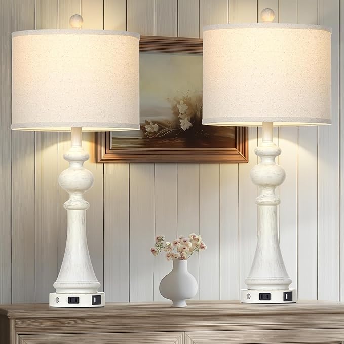 28" Farmhouse Table Lamps Set of 2, Vintage Bedside Lamps with USB A+C Charging Ports & AC Outlet, 3-Way Dimmable Touch Control Nightstand Lamp for Living Room Bedroom Wash White(2 LED Bulbs Included)