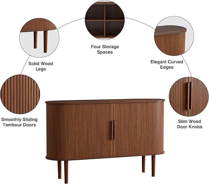 53''Sideboard Buffer Cabinet with Fluted Slide Doors, Modern Credenza Storage Cabinet, Tambour Bar Console Table for Living Dining Room Kitchen Hallway Entryway, Walnut