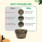 IDZO Set of 3 Wooden Flower Planters for Outdoor Plants, Acacia Wood Barrel Planters, Ergonomic Handles, Drainage Holes, Various Sizes, Walnut