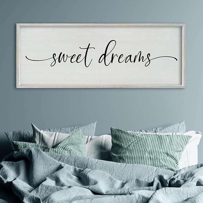 SRSZHIYUE Sweet Dreams Above Bed Wall Decor, 40"x15" Large Rustic Master Bedroom Over Bed Sign Guest Room Couples Wood Framed Farmhouse Horizontal Hanging Decoration (White)