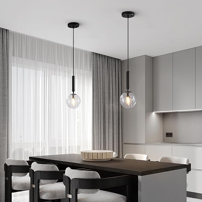 Modern Black Pendant Light Hanging Fixture Light for Kitchen Island Mid Century with Globe Pendant Light Clear Glass Pendant Lighting for Living Room Bedroom Entryway (2 Pack)