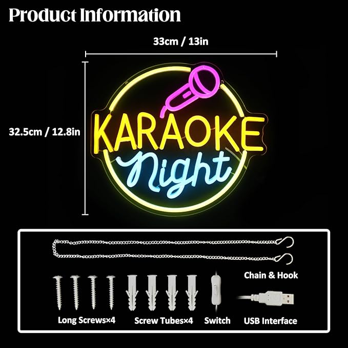Karaoke Night Neon Sign Music Room Decor Karaoke Bar LED Sign for Wall Decor Karaoke Live On Air Neon Lights Signs Bar Open Neon Wall Light for Music Studio Game Room Decor