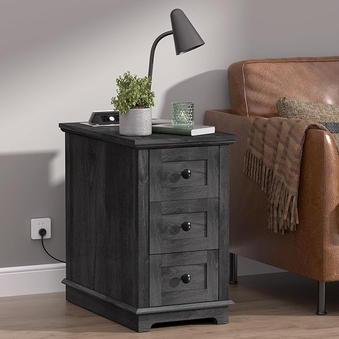 HIFYOBRO Narrow End Table Set of 2, 3 Drawers and Charging Station, Type-C & USB Port & Power outlets, Wooden End Table, Side Table with Storage for Living Room, Bedroom Nightstands