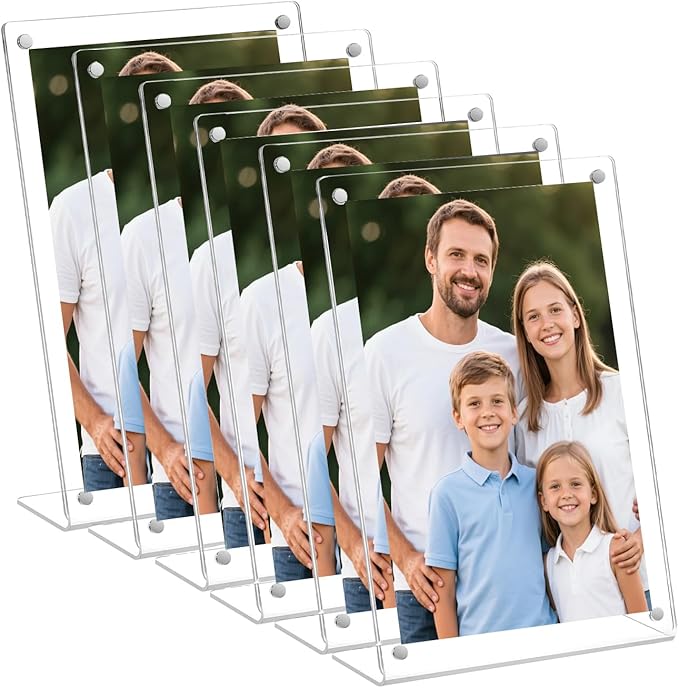 6 Pack Acrylic Picture Frame 5x7 inch, Magnetic Photo Frames, Clear Slanted Back Acrylic Frameless Transparent Frame for Desktop Display, Standing Photo Display Holder Gift for Home, Office
