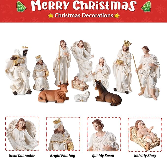 Nativity Set 8.3 Inch 11 PCS Large Christmas Village Nativity Scene Indoor Collectible Bulidings Nativity Sets & Figures Vintage Xmas Holiday Decorations Displays for Room Desktop Decor