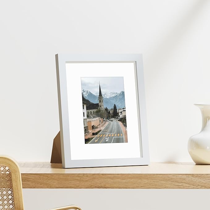 Vittanly 8x10 Picture Frames Set of 9, Shatter Resistant Plexiglass, Display 5x7 Pictures with Mat or 8x10 without Mat, Photo Frames for Wall or Tabletop, Engineered Wood, White