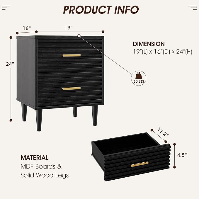 Alohappy Nightstands, Mid Century Modern Night Stands, Fluted Bedside Table for Bedroom, End Table with Storage Drawers, Vintage Bed Side Table Wood Accent Table for Living Room, Black 1pc