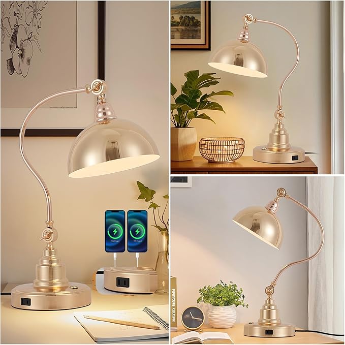 Vintage French Gold Desk Lamp Decorative Table Lamp for Home Office Living Room Bedroom Desk Light, Rustic Industrial Farmhouse Antique Library Study Desk Lamp E26 LED Bulb Included