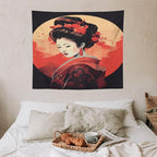 Japanese Woman Geisha Tapestry Asian Cherry Blossom Red Sun Traditional Kimono Folk Tapestries Home Decor for Living Room Bedroom Apartment Farmhouse Dorm 60"x50"