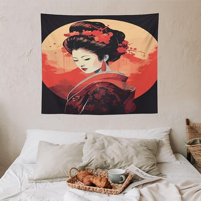 Japanese Woman Geisha Tapestry Asian Cherry Blossom Red Sun Traditional Kimono Folk Tapestries Home Decor for Living Room Bedroom Apartment Farmhouse Dorm 60"x50"