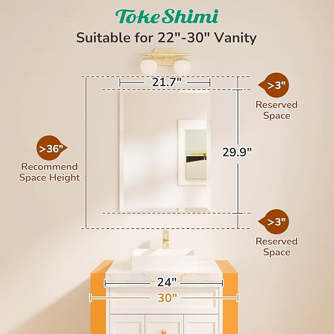 TokeShimi 22x30 Bathroom Vanity Mirror Beveled Rectangle, Frameless Mirror Bathroom with 1" Beveled Edge, Shatterproof Modern Decorative Wall Mirrored for Living Room, Entryway, Bedroom