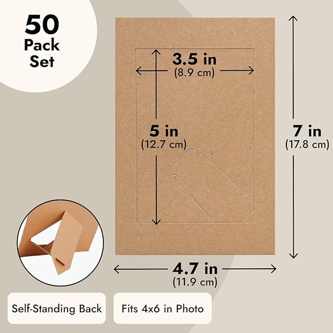 Juvale Brown Paper Frames - 4 x 6 in, 50 Pack, Classic - DIY Photo Frame Kit with Cardboard Easel Back for Tabletop Display & Bulk Craft Projects