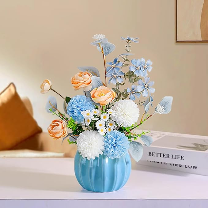 Artificial Flowers, Fake Flowers in Vase, Silk Flowers with Ceramic Vase, Faux Flowers Arrangement for Homes, Restaurants Decoration Dining Table Centerpiece Decor (Blue)