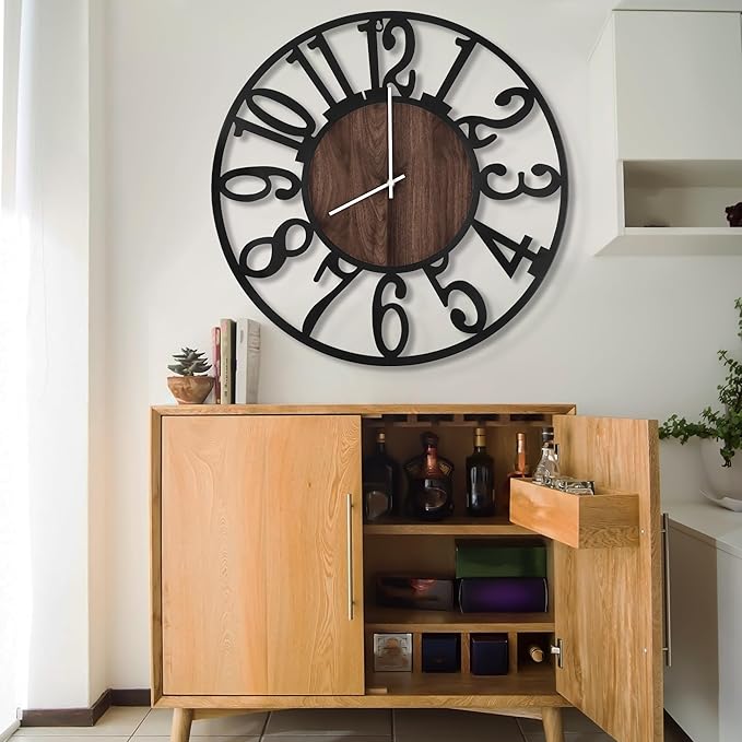 LEIKE Large LED Wall Clocks,Silent,Non Ticking,Battery Operated Rustic Round Modern Big Wood Wall Clock for Living Room, Bedroom,Kitchen,Farmhouse,Office,Home Decor -32" Black,LED,Arabic Number