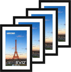 FIXSMITH 8x12 Picture Frame Set of 4, Photo Frame with HD Plexiglass, Display Pictures 6x8 with Mat or 8x12 Without Mat, Black Picture Frames Collage Wall Decor, Gallary Wall Frame