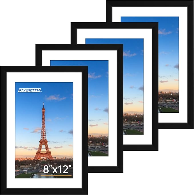 FIXSMITH 8x12 Picture Frame Set of 4, Photo Frame with HD Plexiglass, Display Pictures 6x8 with Mat or 8x12 Without Mat, Black Picture Frames Collage Wall Decor, Gallary Wall Frame
