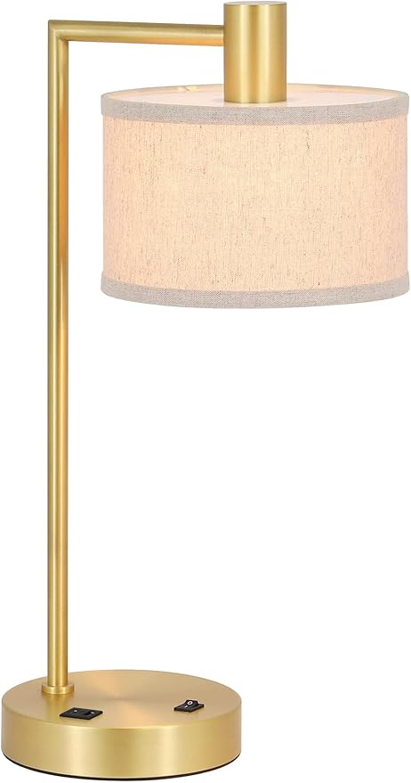 XiNBEi Lighting Table Lamp USB Desk Lamp with Fabric Shade, Modern Bedside Iron Lamp Satin Brass Finish for Bedroom Living Room & Office XB-TL1230-SB
