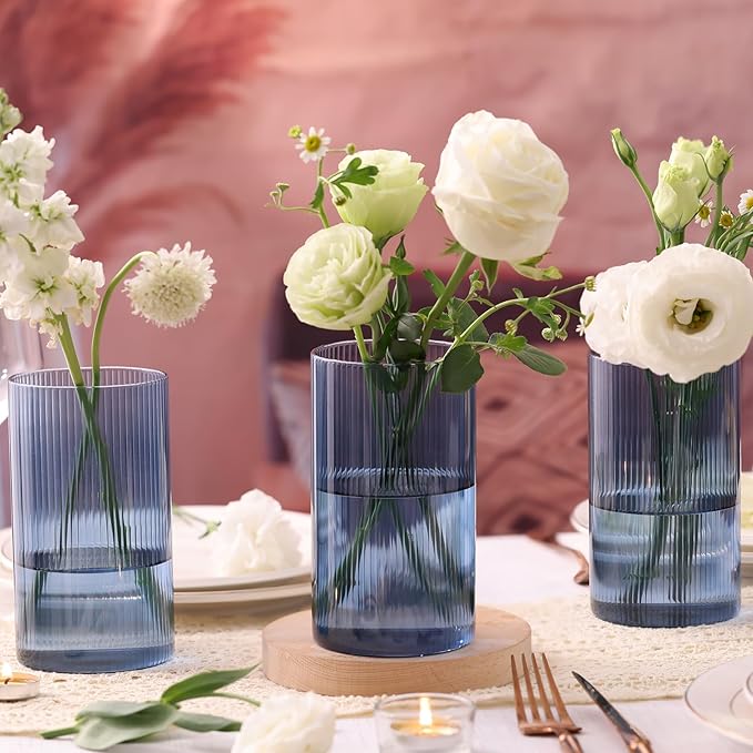 Glass Cylinder Vases, Bud Vase for Wedding Centerpieces, 6 Inch Tall Ribbed Vase Hurricane Floating Candle Holder, Decorative Flower Vases for Wedding Reception, Home Decor, Housewarming Gift (Blue)