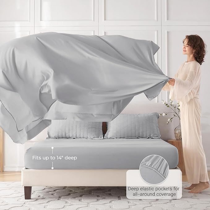 MUXHOMO 7 Pieces Queen Comforter Set, Seersucker Bed in a Bag Queen Size, All Season Luxury Bedding Set with Comforter, Flat Sheet, Fitted Sheet, Pillowcases & Shams, Light Grey