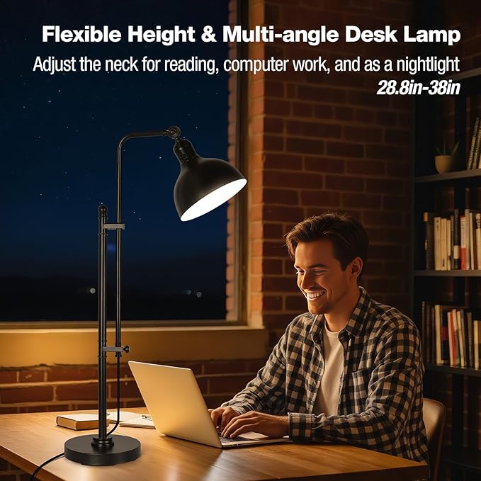 PARTPHONER Industrial Adjustable Desk Lamp for Home Office, Farmhouse Table lamp, Rustic Metal Task Desk Lamp in Aged Bronze Finish, Vintage Reading Lamp for Study Room, Black