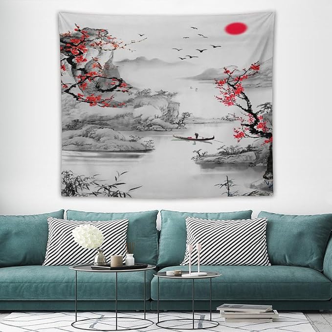 Cherry Blossoms Tapestry,Japanese Red Landscape Watercolor Abstract Art Tapestry,Asian Japanese Wall Tapestry, Nature Landscape Tapestries for Bedroom Living Room Decor 60"x50"