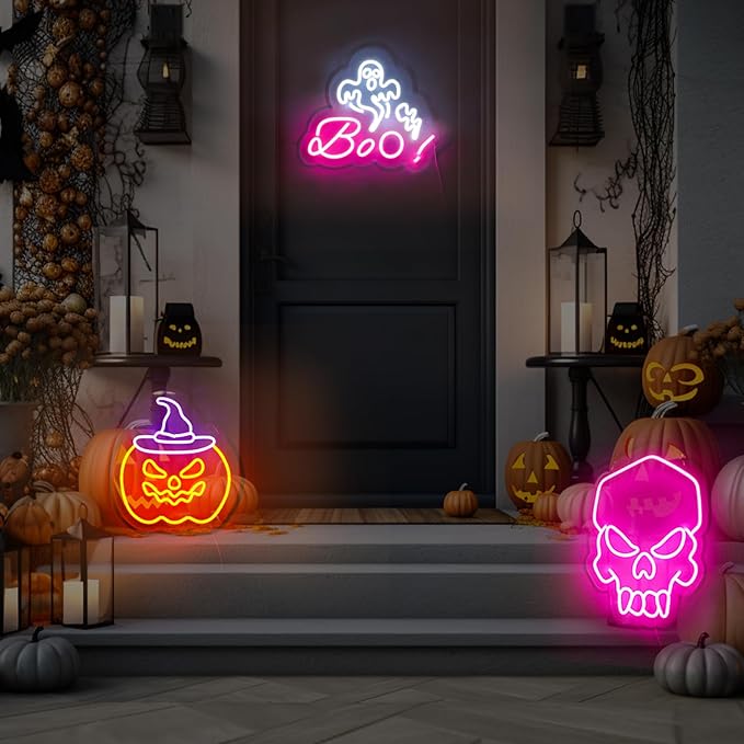 HRGXYUN Halloween Dimmable Ghost Neon Sign, Pink Boo Neon light for Wall Decor,Custom Neon Sign for Bar Club Ghost Room Decoration,5V USB Power 11.8 * 9.85in