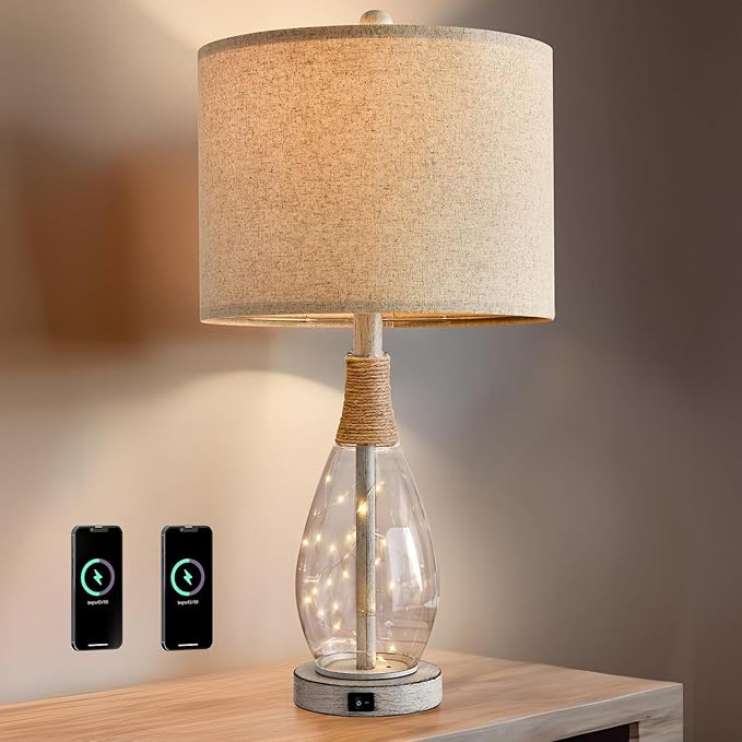 OYEARS 23" USB A+C Table Lamp for Bedroom Living Room Modern Bedside Lamps Retro Farmhouse Rattan Glass Nightstand Nightlight Lamps (White),Two Light Points