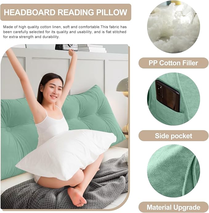 Large Triangular Headboard Pillows Long Backrest Positioning Support Bolster Cushion for Daybed Fluffy Quality Plush Body Wedge Pillow with Removable Cover(Light green-Queen-59x8x20in)
