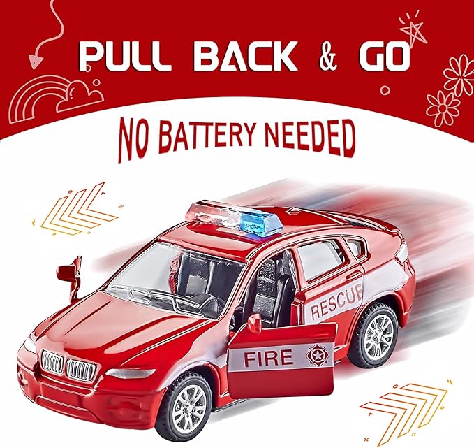 KIDAMI Die-cast Metal Toy Cars Set of 5, Openable Doors, Pull Back Cars Ambulance, Gift Pack for Kids (Official Car Ⅱ)