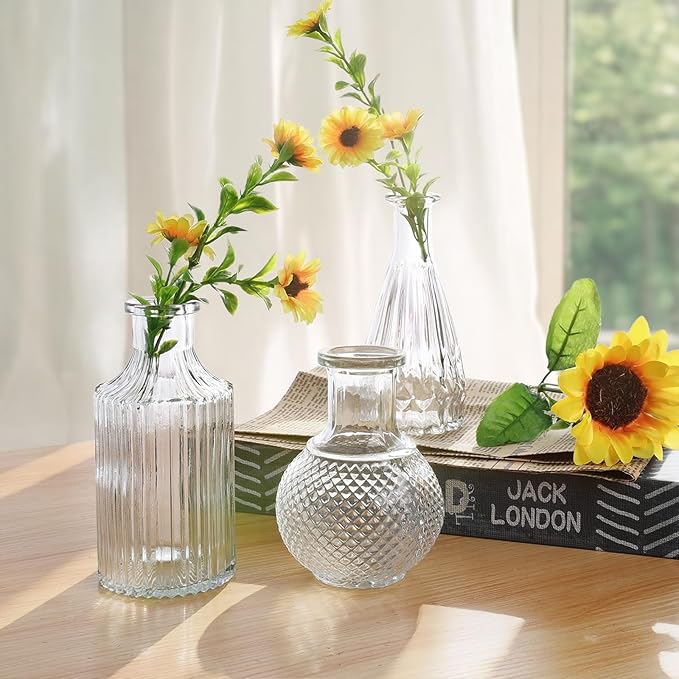 Glass Bud Vases Set of 12, Clear Small Vases for Flowers, Bulk Glass Vase for Centerpieces, Vintage Embossed Flower Vase for Wedding Table Decoration, Home, Cocktail Party