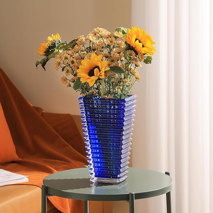 MCMCNCUIU Crystal Glass Vase, Large Crystal Vases for Flowers, Large Flower Vase, Blue Modern Vases for Living Room, Bedroom, Kitchen, Dining Table, Mantle, Wedding, 11 Inches