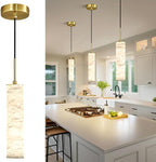 LMQNINE Natural Alabaster Pendant Lights for Kitchen Island White Marble Long Tube Chandelier Modern Gold Ceiling Light Fixtures for Bedroom Dining Room Table Living Room Hallway(S-1Pack)