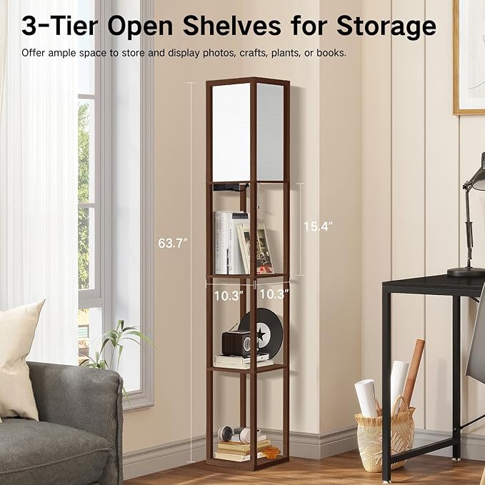 OUTON Floor Lamp with Shelves, LED Shelf Floor Lamp with USB & Type C Ports, 1 AC Outlet, 3 Color Temperature, Storage Display Wood Column Tall Standing Lamp for Living Room, Bedroom Office, Walnut